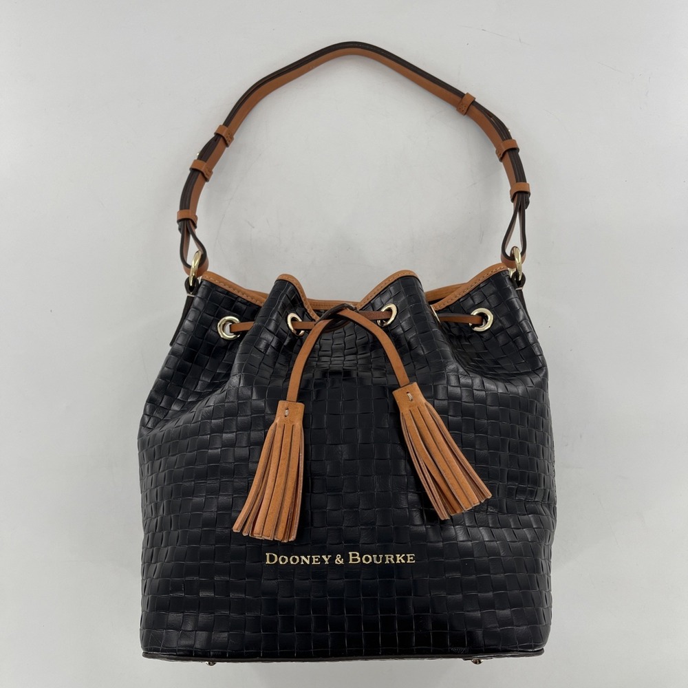 Dooney & Bourke Drawstring Bag Woven Look Embossed Leather Black & Caramel Trim - Picture 8 of 16